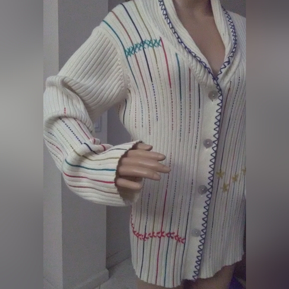 VINTAGE CREAM CARDIGAN BEAD WORK & UNIQUE STITCHING BY CRAZY HORSE SZ.LG BEAUTY! - Picture 6 of 10